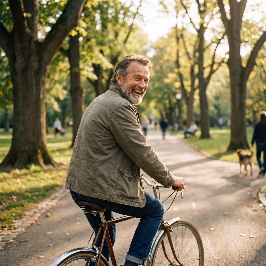 Man cycling through a tree-lined park path - stay active and pain-free with regenerative treatments