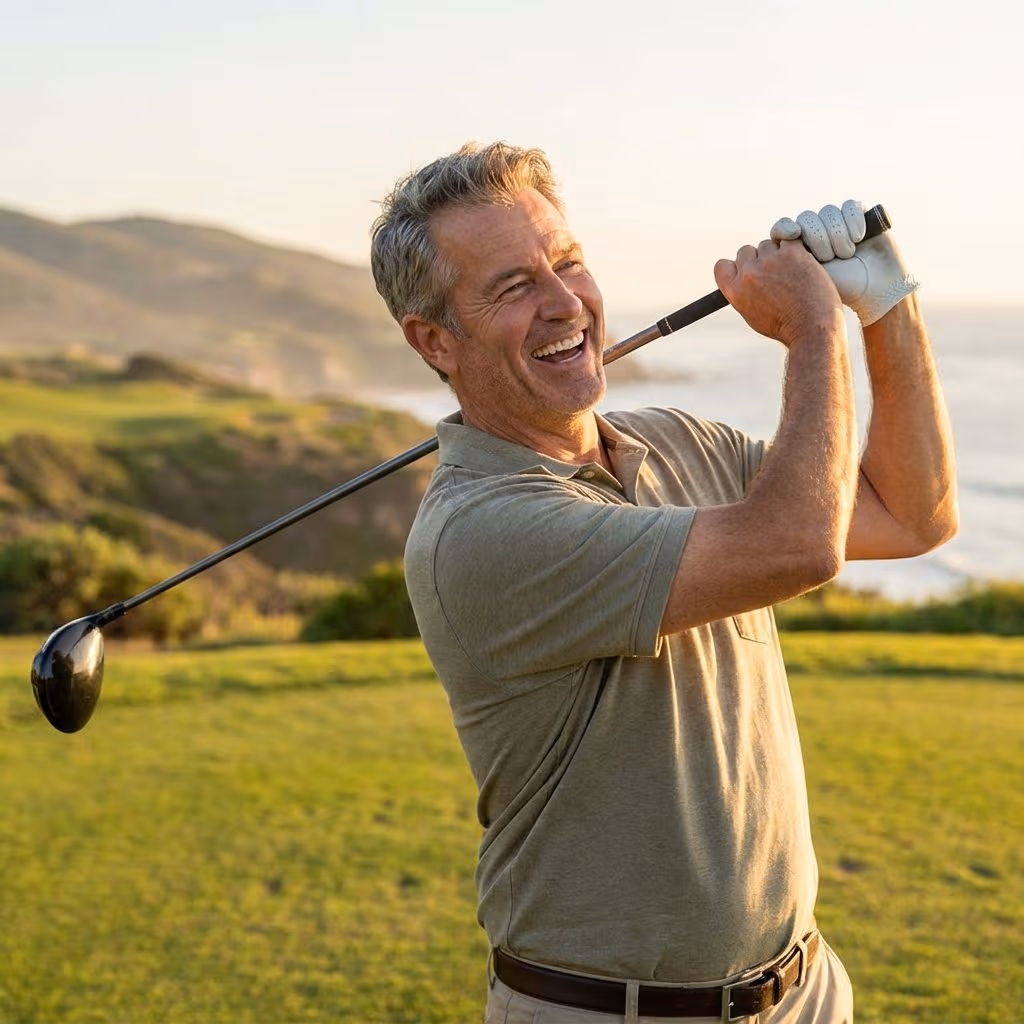 Middle-aged man enjoying a round of golf on a scenic coastal course - get back to doing what you love with regenerative medicine