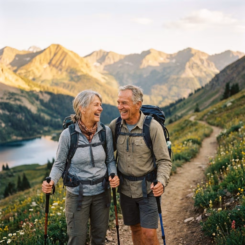 Happy couple hiking a scenic mountain trail together - regenerative medicine keeps you moving