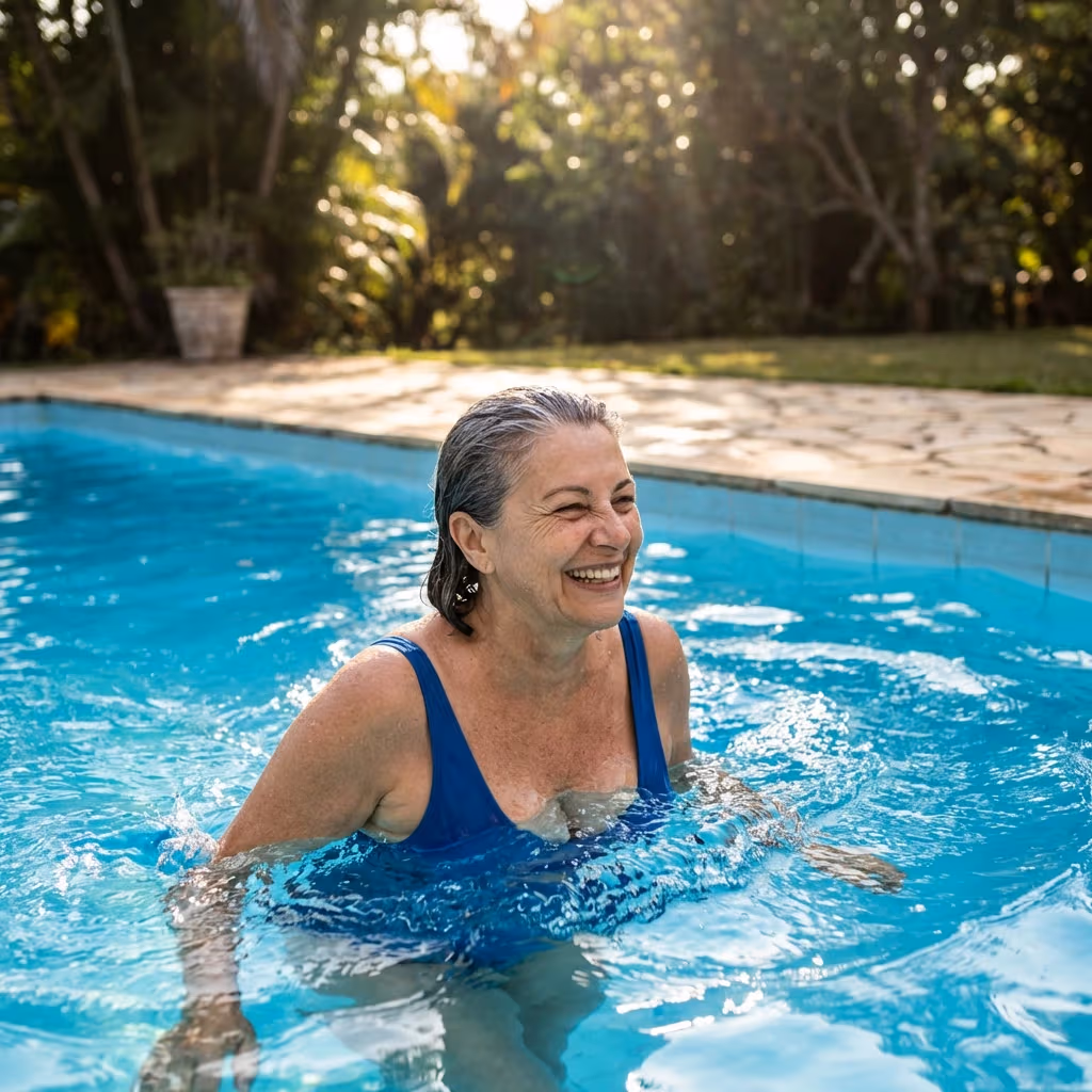 Woman swimming in an outdoor pool - enjoy an active lifestyle with regenerative medicine