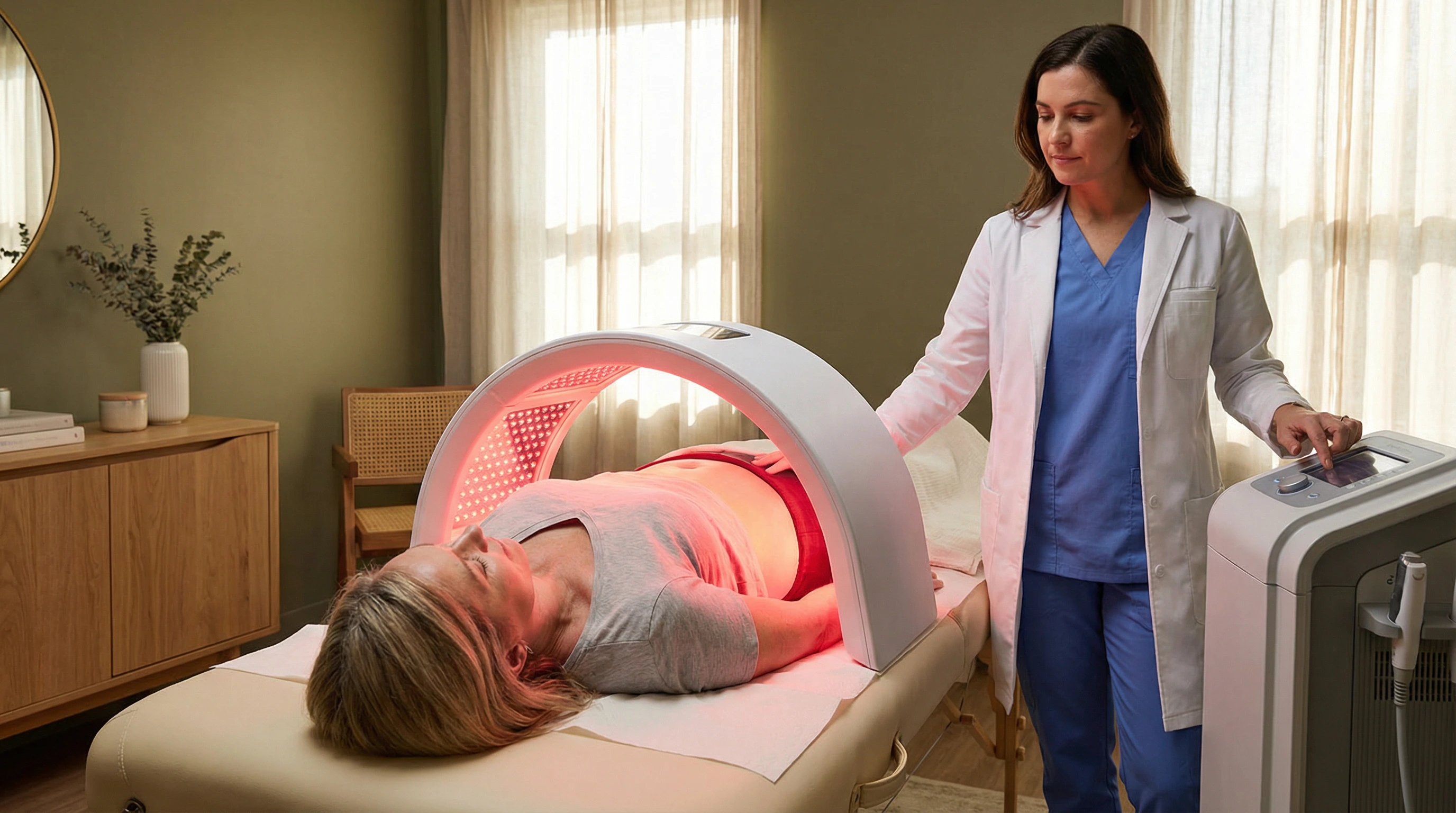 Patient receiving MedWave body contouring treatment at NM Stem Cell