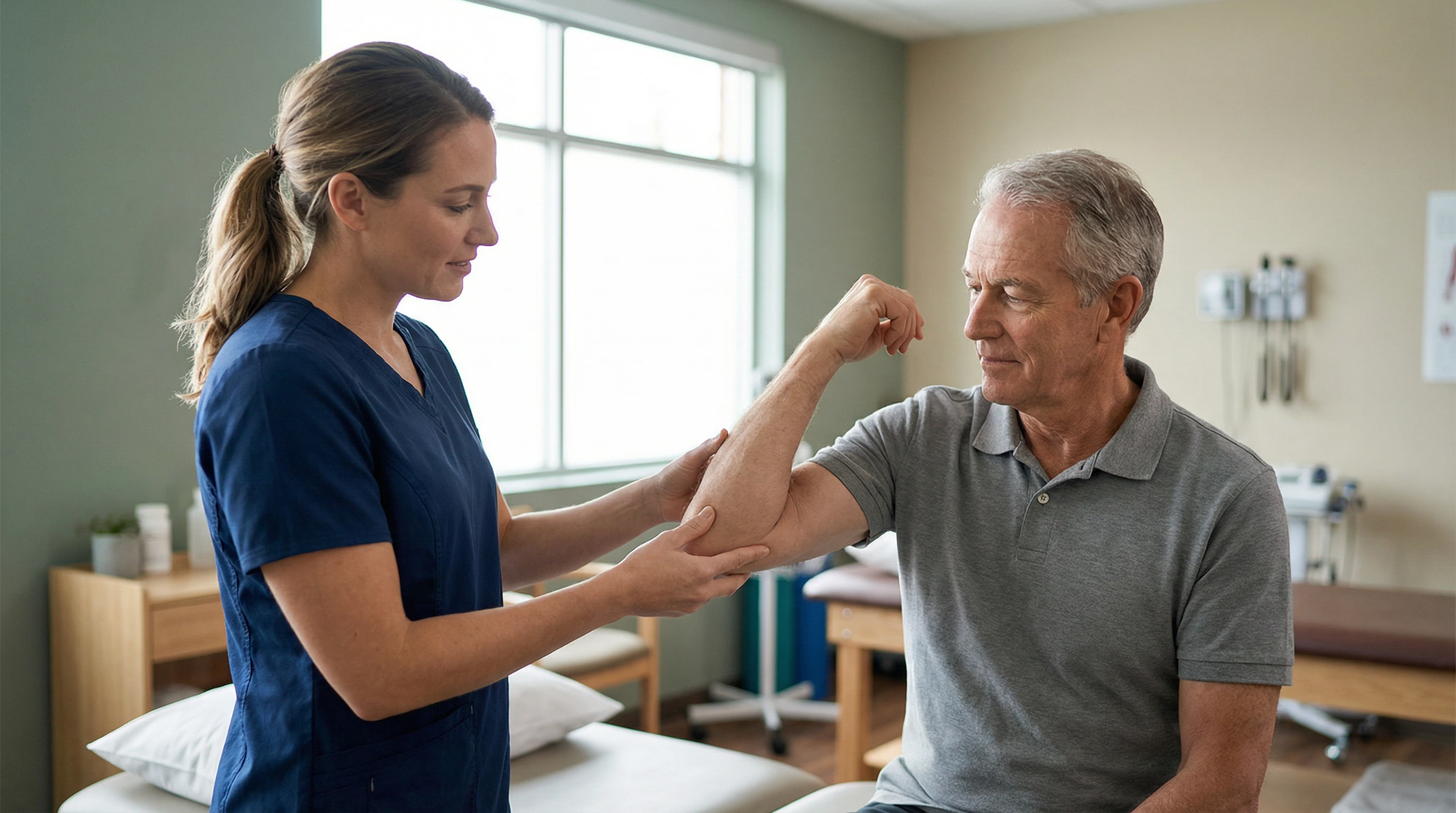 Clinician examining patient's elbow for pain diagnosis at NM Stem Cell