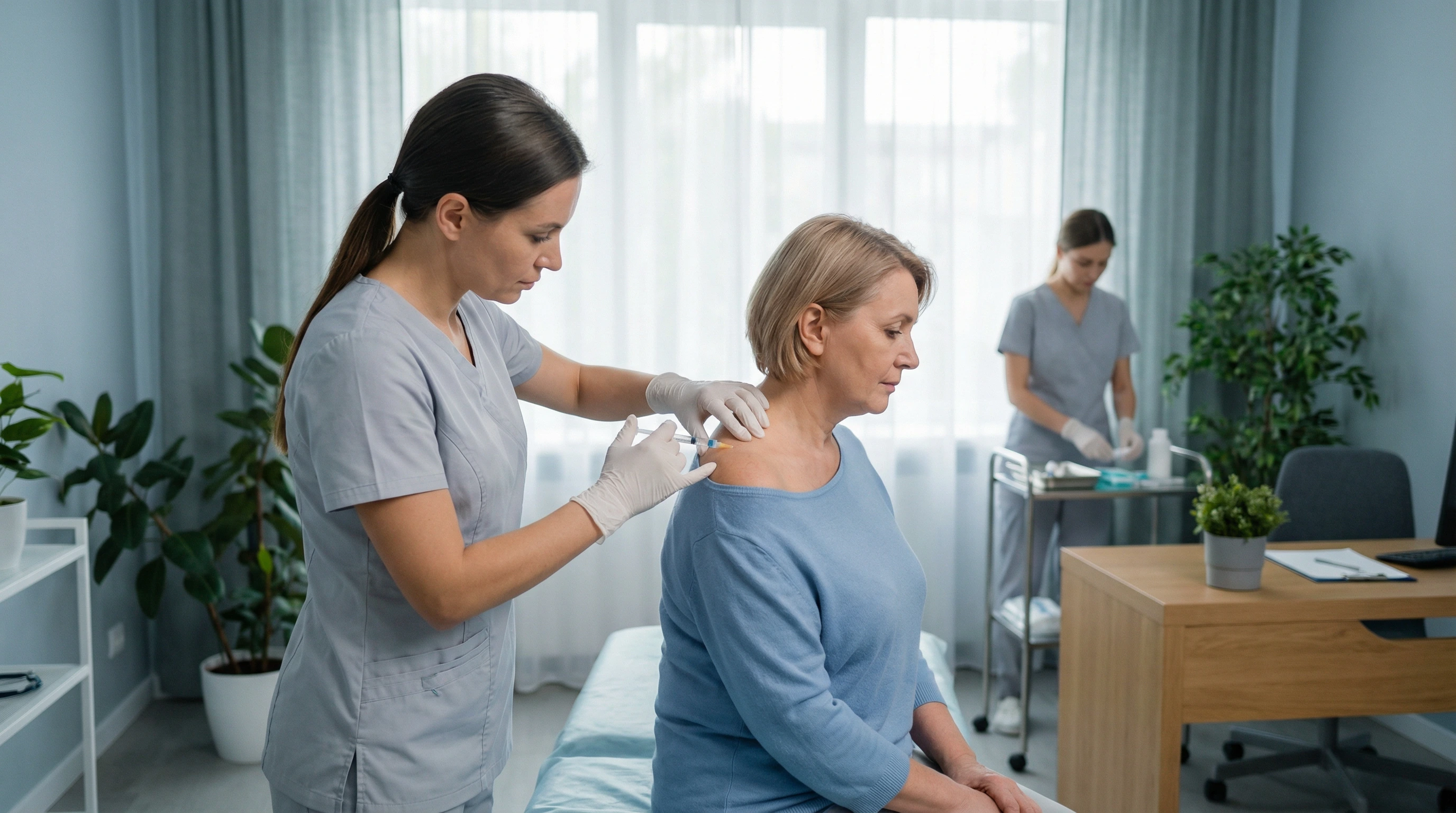 Nurse administering exosome injection to patient's shoulder at NM Stem Cell