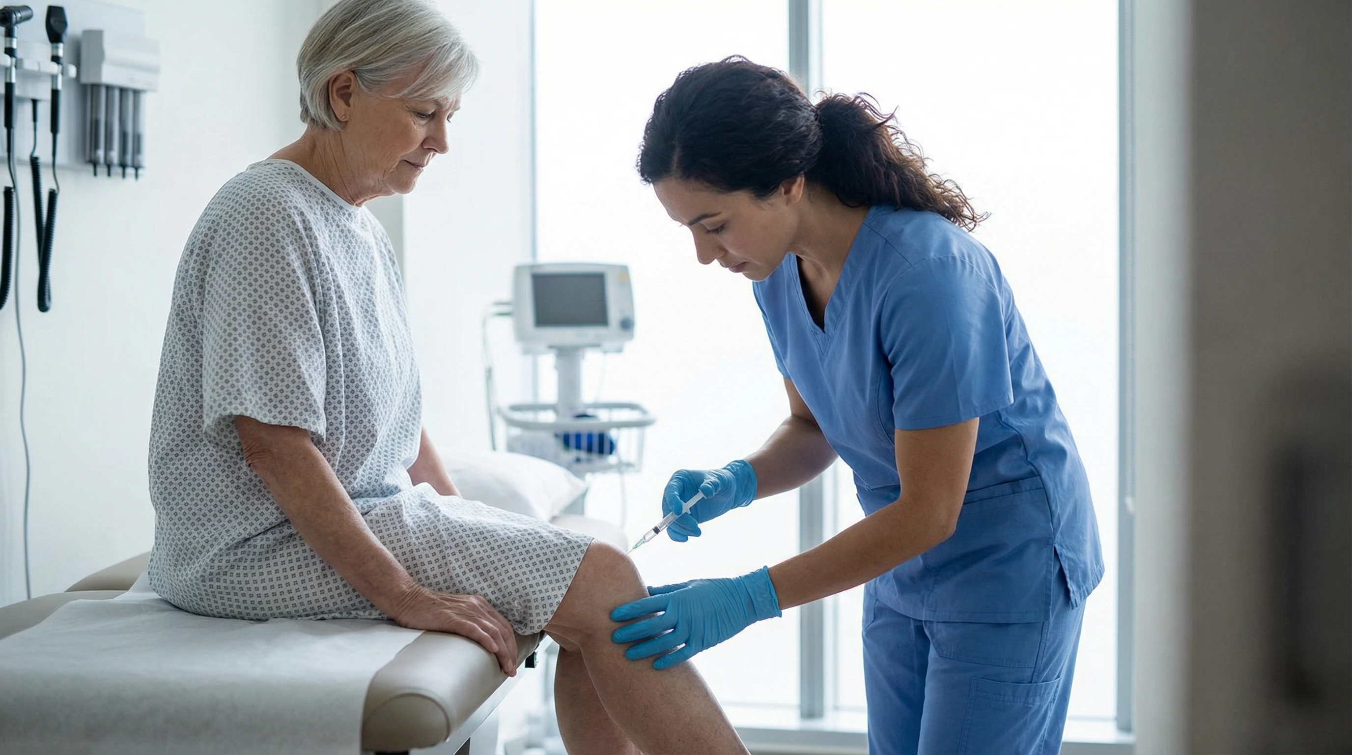 Nurse administering MSC stem cell injection to patient's knee at NM Stem Cell