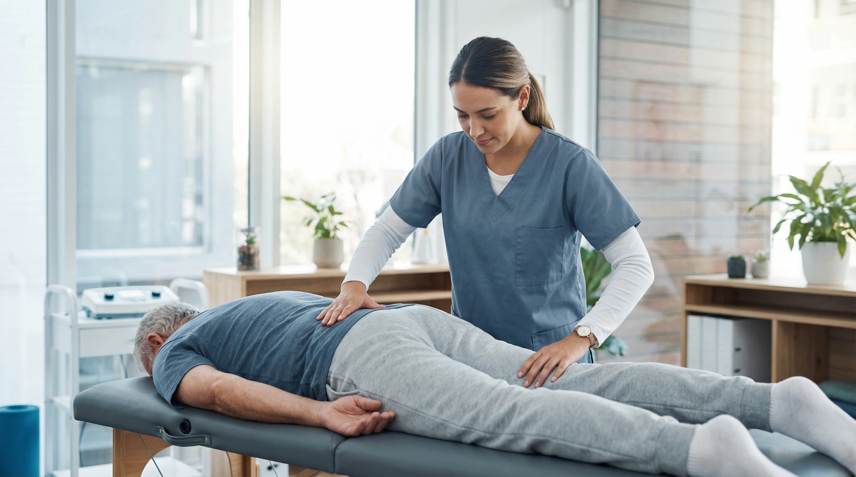 Therapist treating patient's lower back for sciatica pain at NM Stem Cell