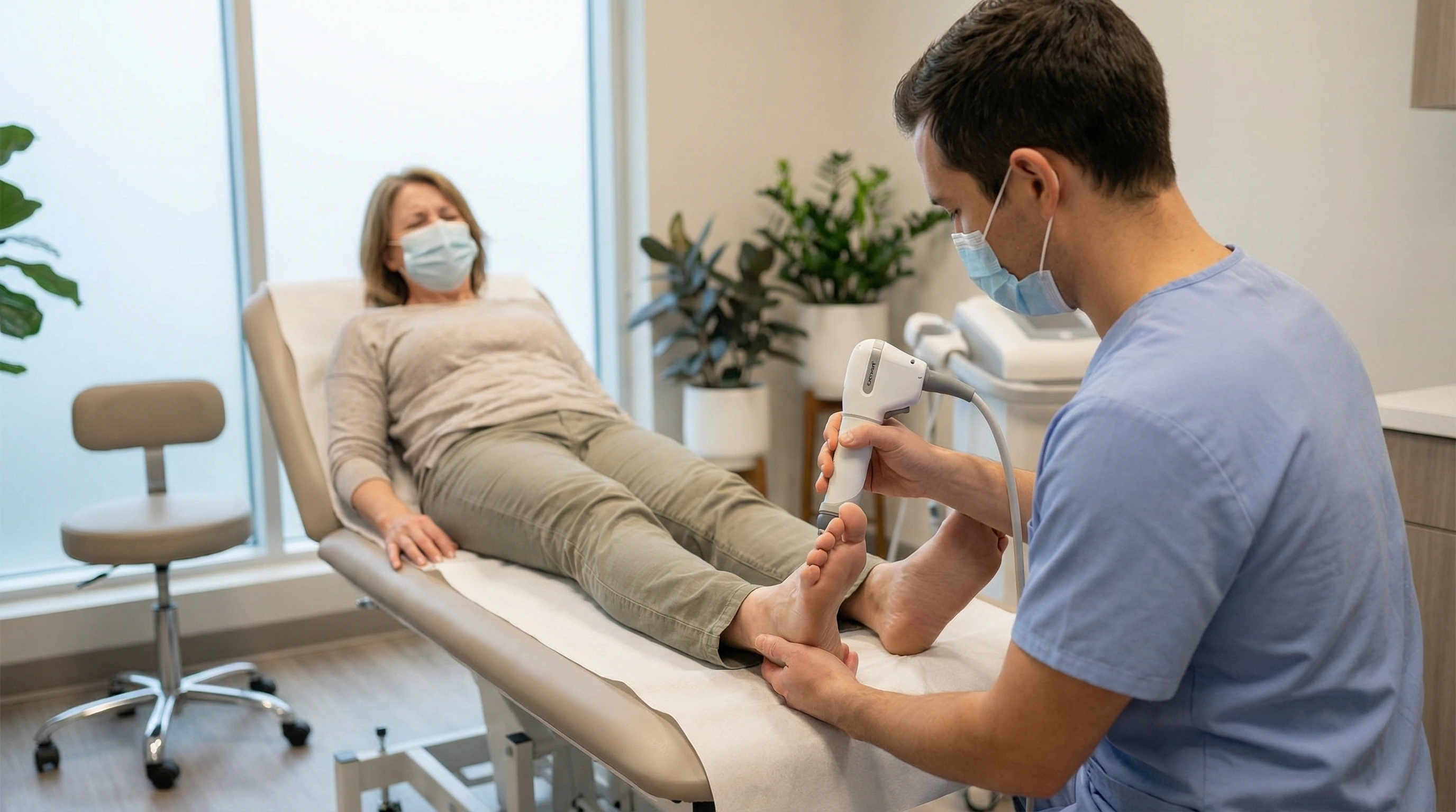 Technician applying shockwave therapy device to patient's foot at NM Stem Cell