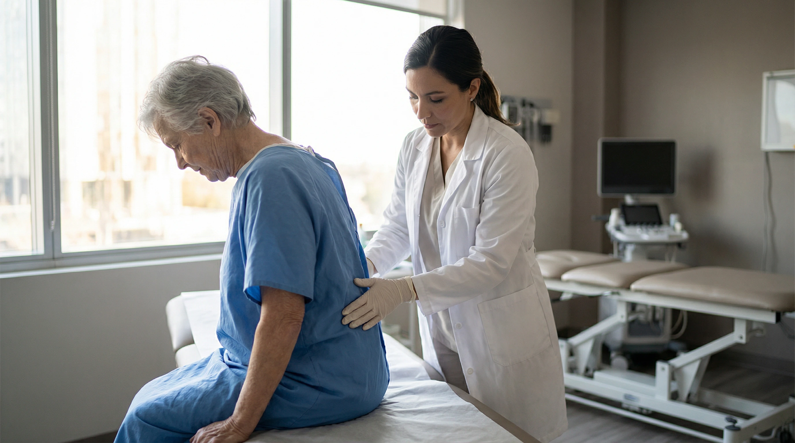 Doctor examining elderly patient's back for spinal stenosis at NM Stem Cell
