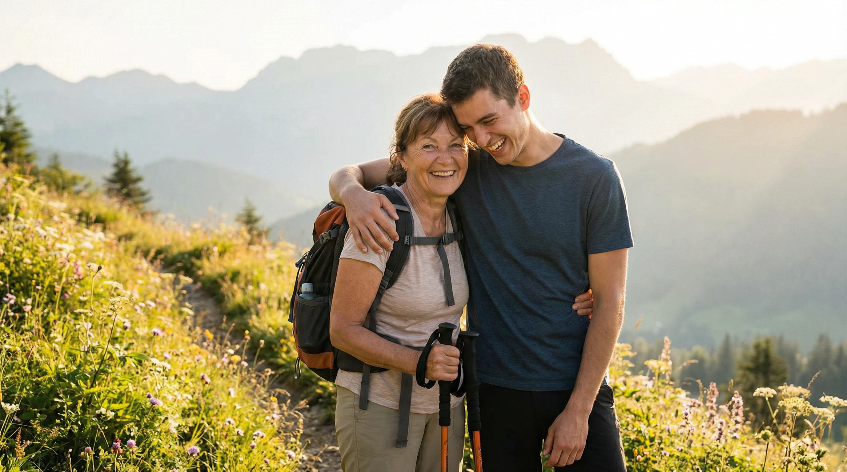 Mother and son hiking outdoors enjoying an active lifestyle after PRP therapy treatment