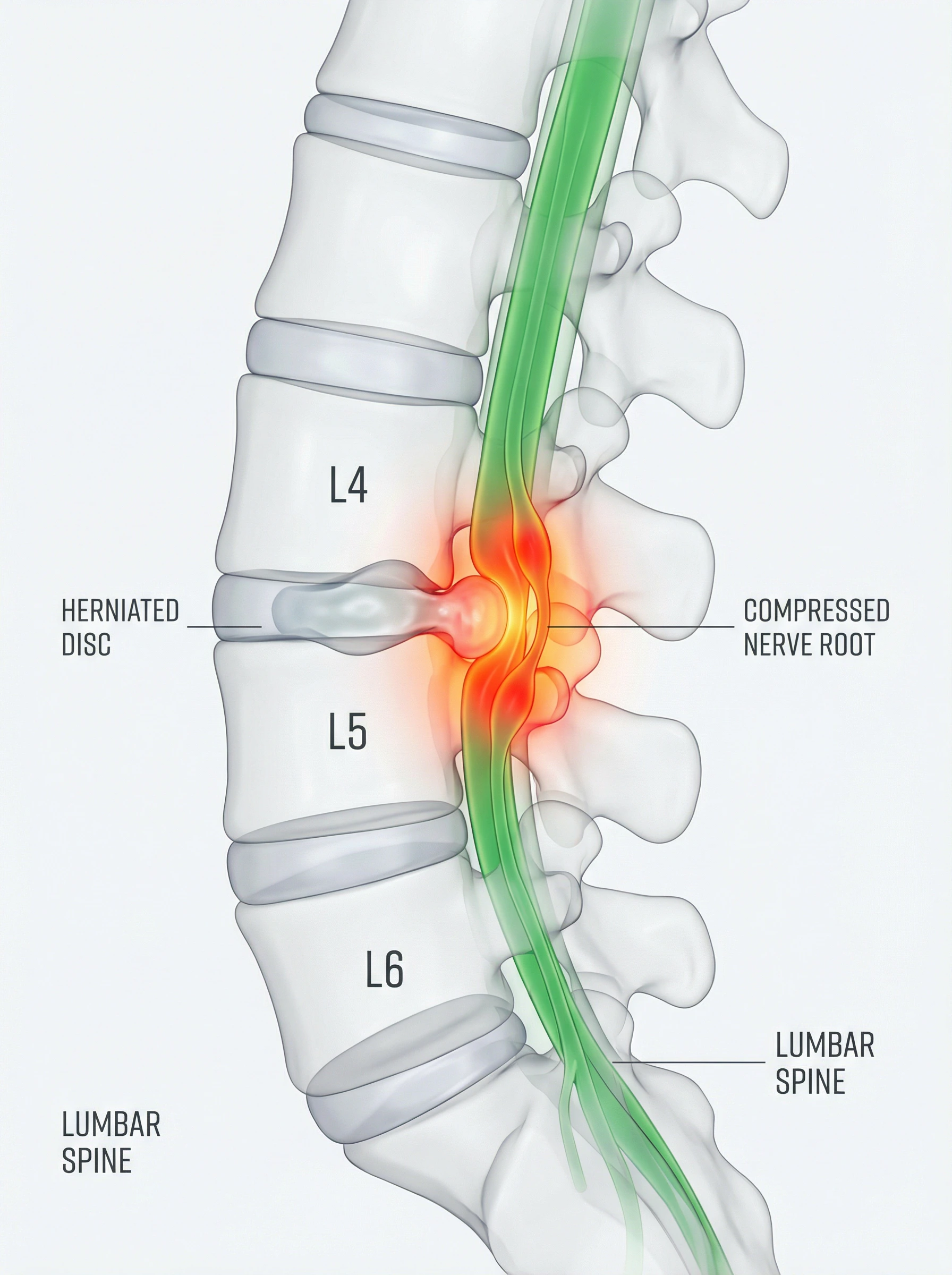 3D medical illustration of lumbar spine showing herniated disc at L4-L5 compressing the nerve root