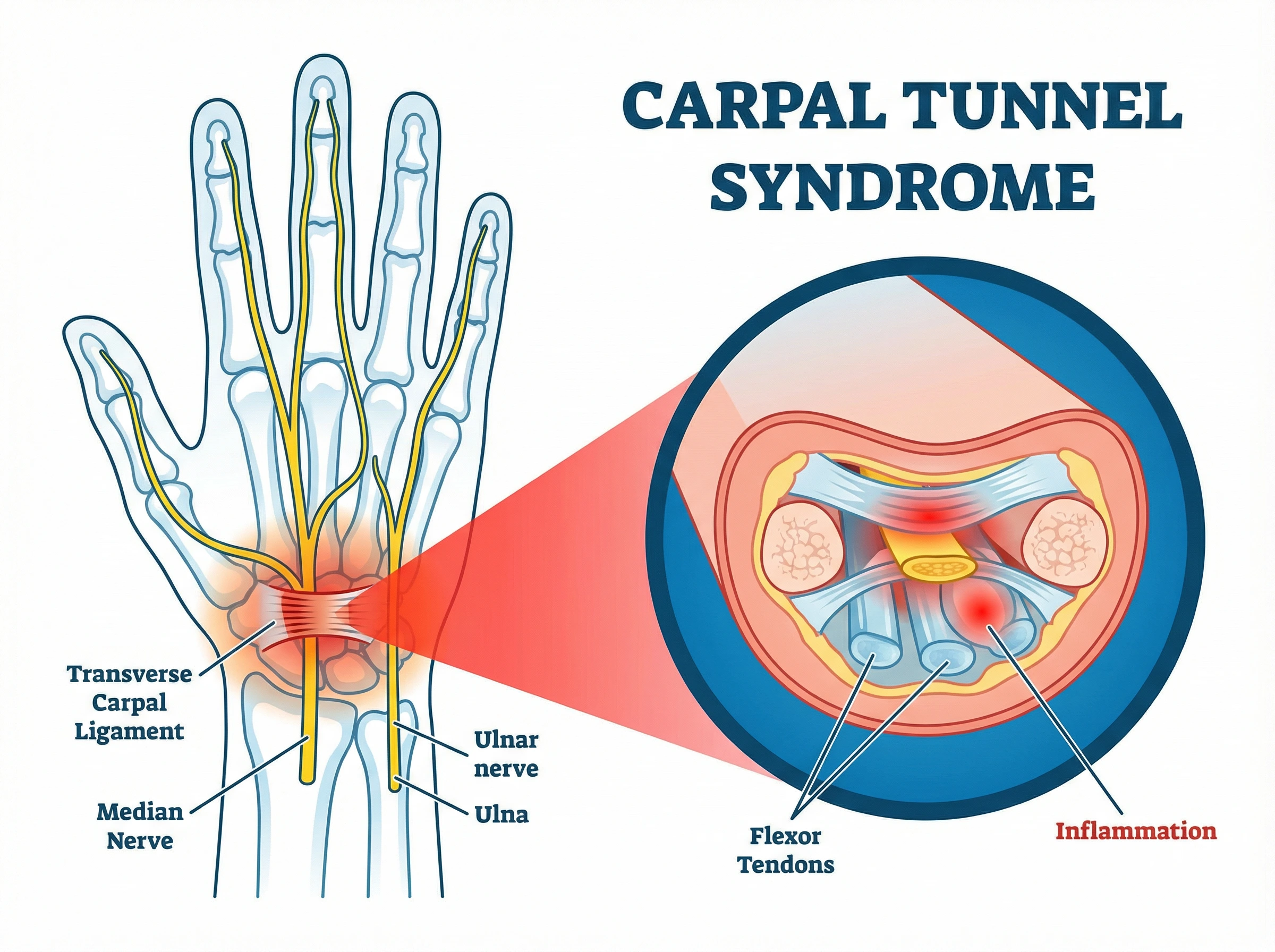 Medical illustration of carpal tunnel syndrome showing hand anatomy with labeled median nerve, ulnar nerve, transverse carpal ligament, and cross-section of inflamed flexor tendons
