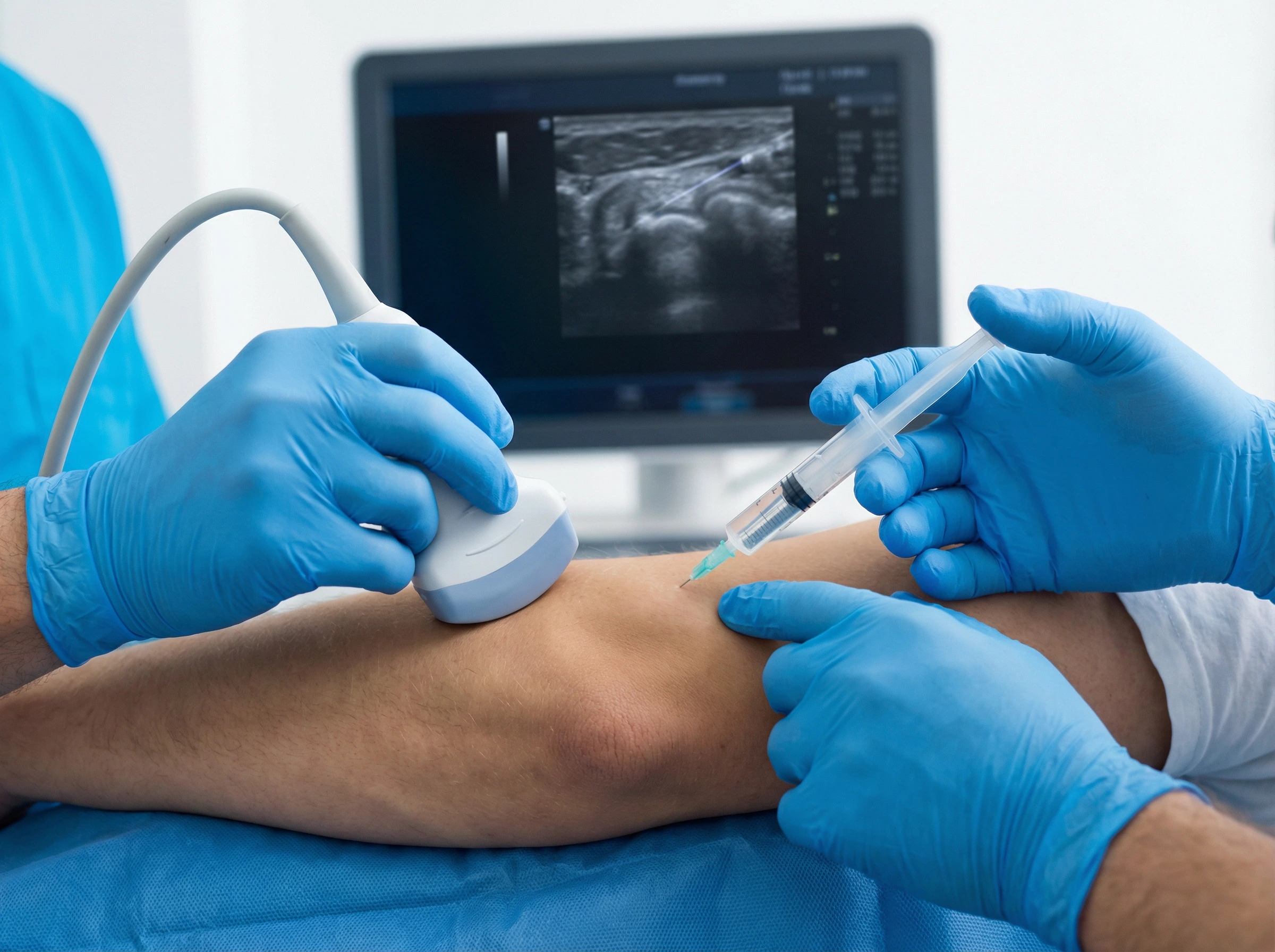 Doctor performing ultrasound-guided injection into elbow with imaging monitor showing needle placement
