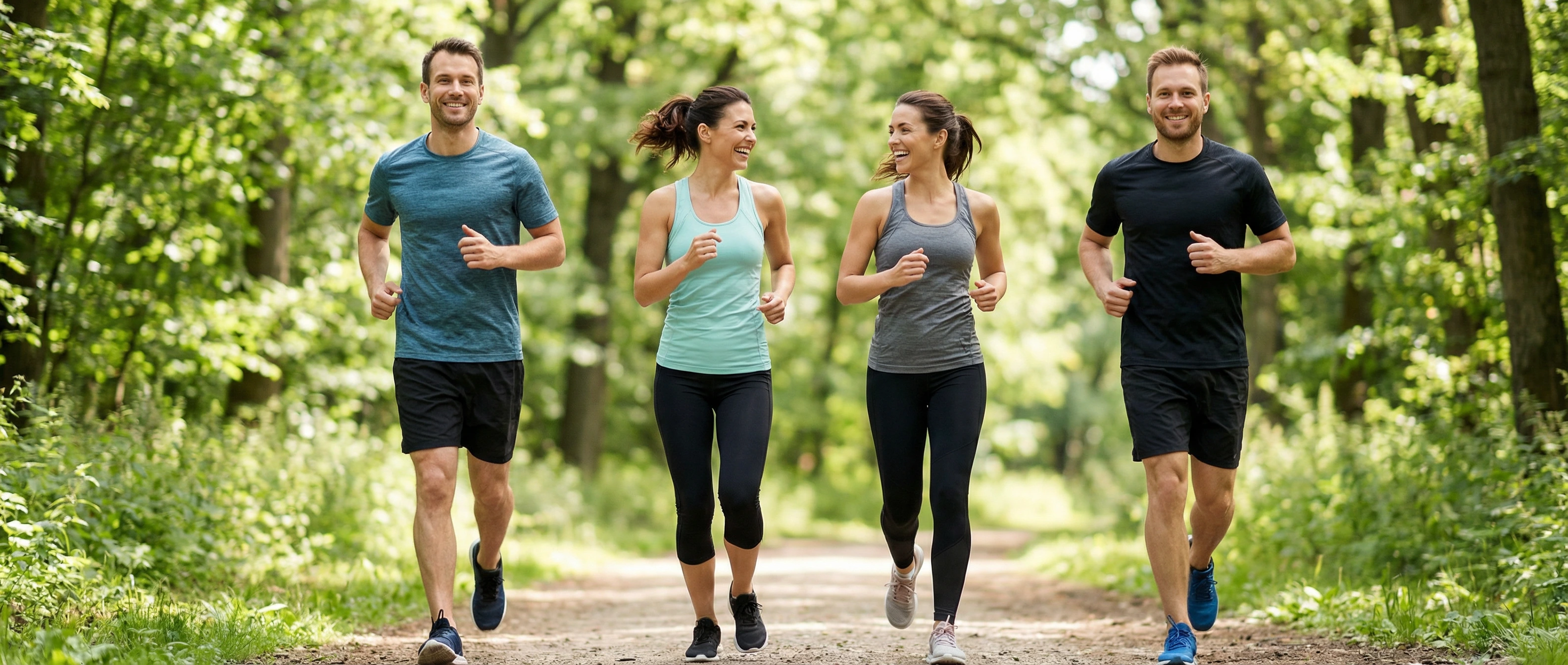 Group of friends jogging together on a tree-lined trail, representing the active lifestyle restored through foot pain treatment