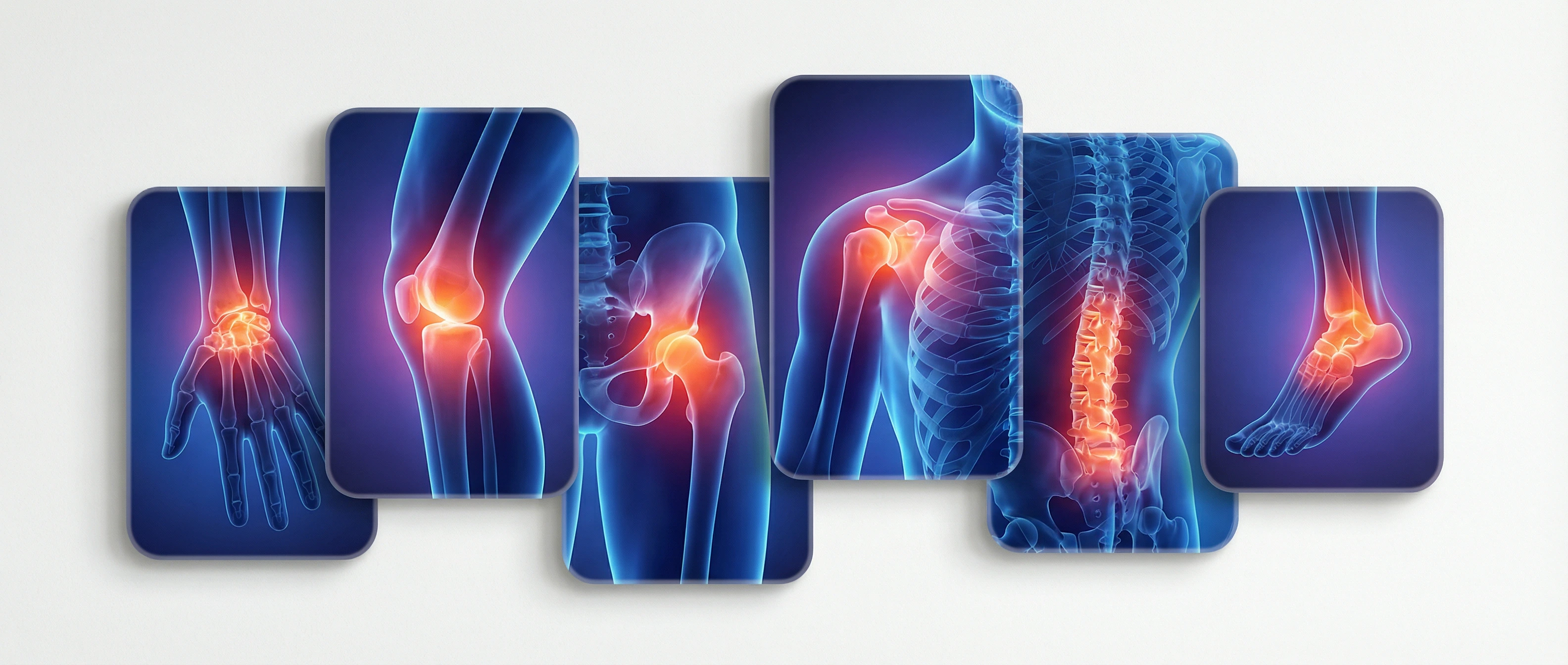X-ray style overview of joints affected by arthritis including wrist, knee, hip, shoulder, spine, and ankle with highlighted pain areas