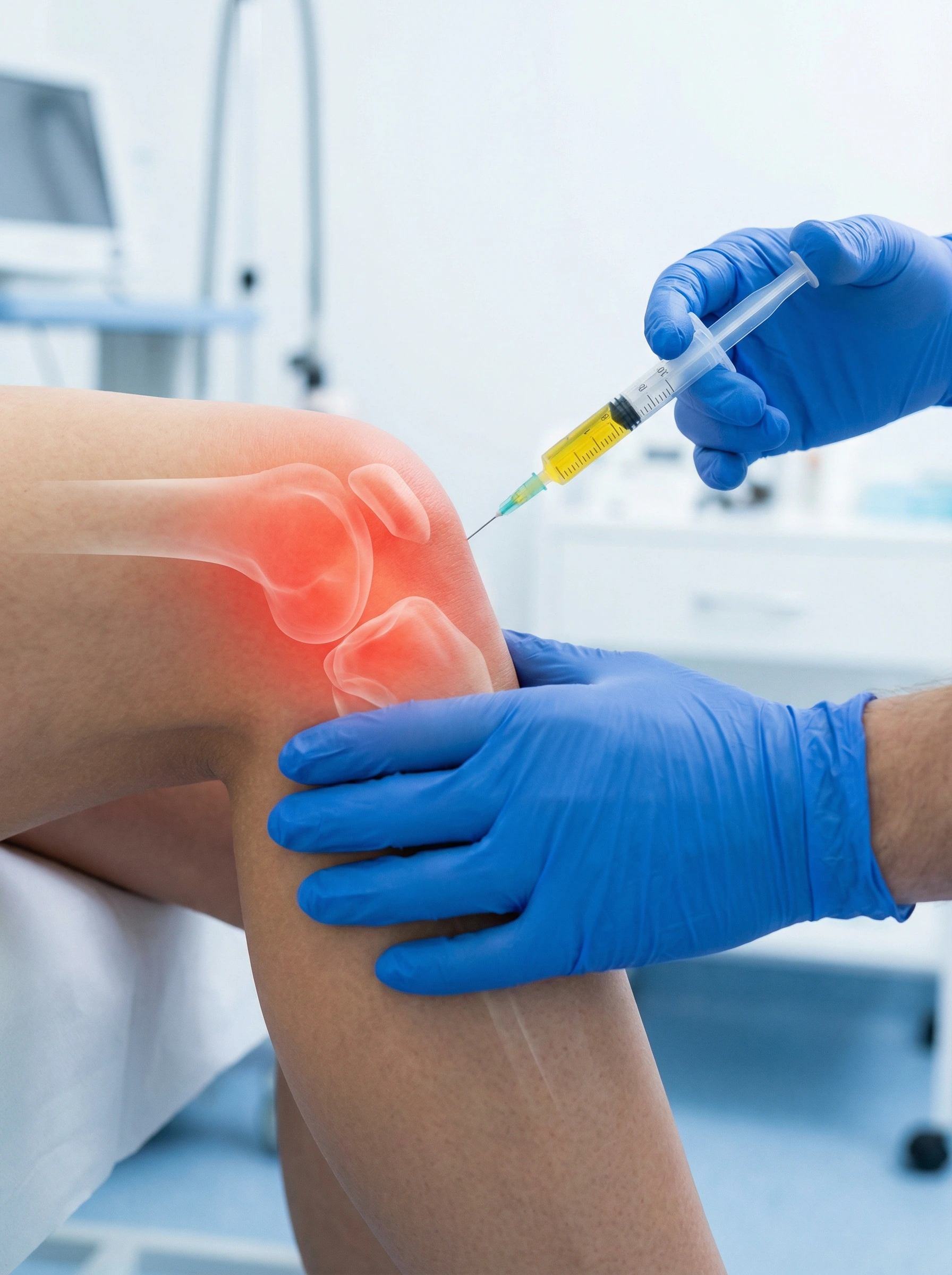 Regenerative injection being administered to an arthritic knee joint with anatomy overlay showing targeted treatment area