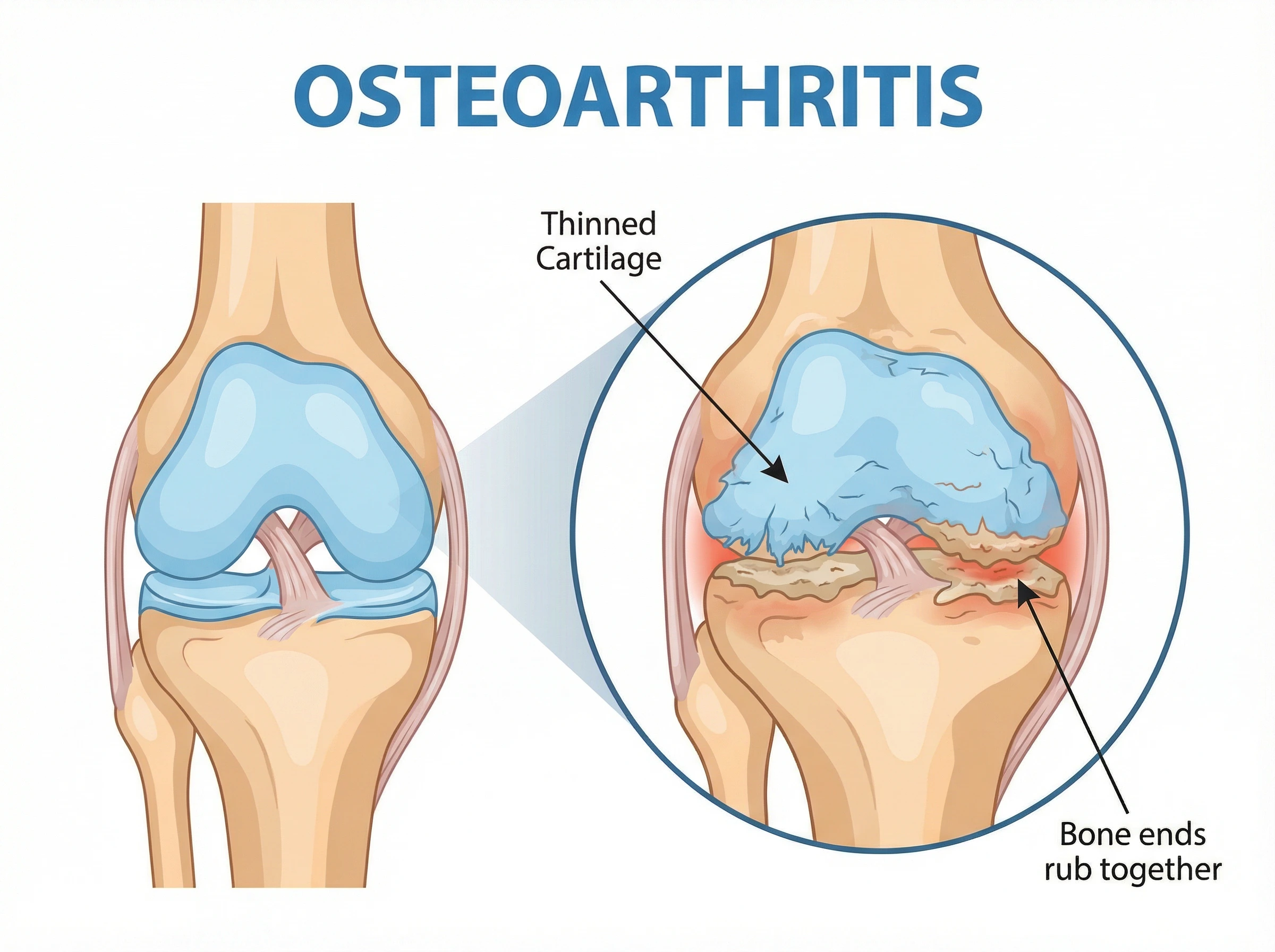 Medical illustration of knee osteoarthritis showing thinned cartilage and bone ends rubbing together in the joint