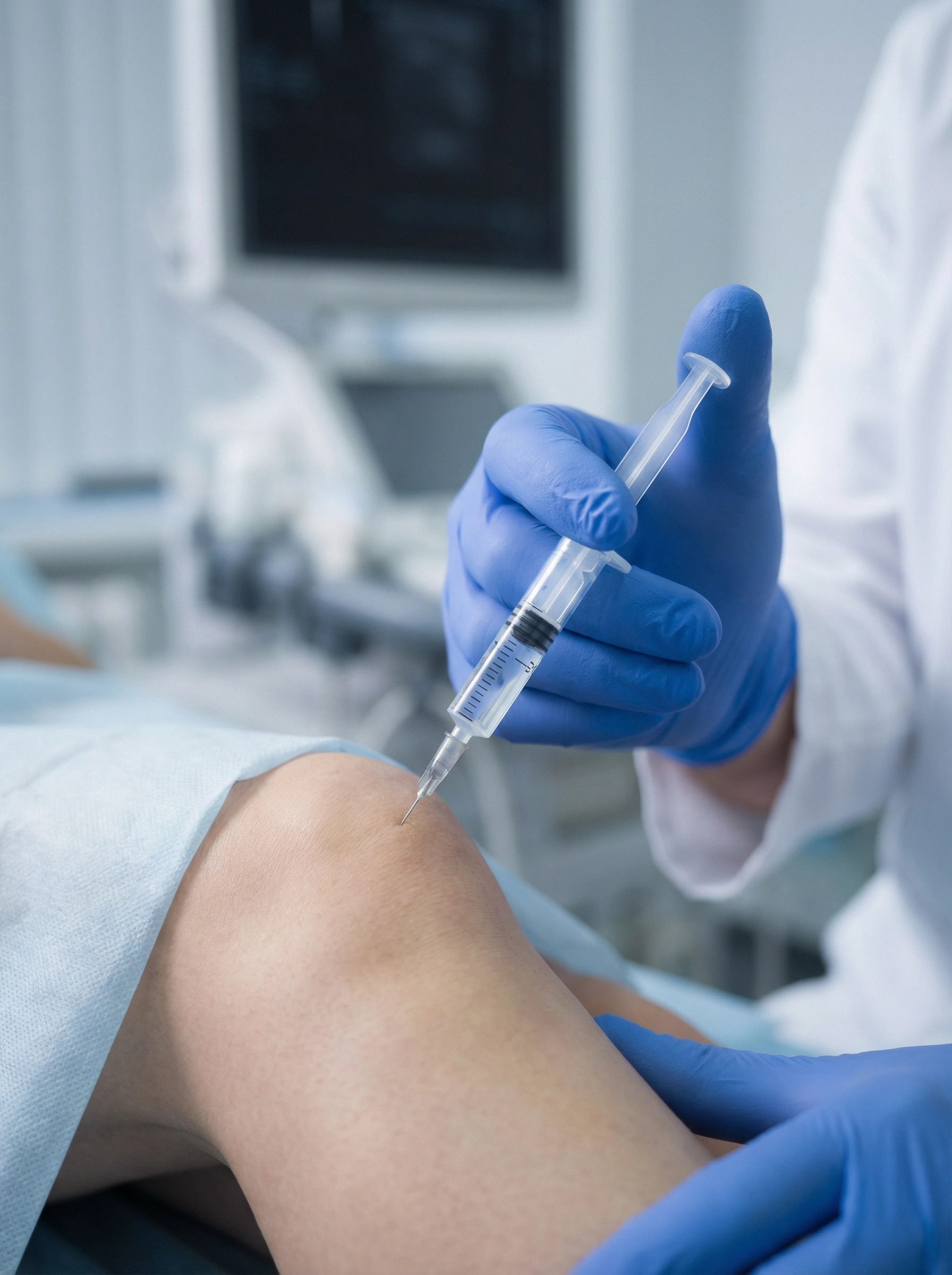 Close-up of ultrasound-guided regenerative injection being administered to a patient's knee at NM Stem Cell