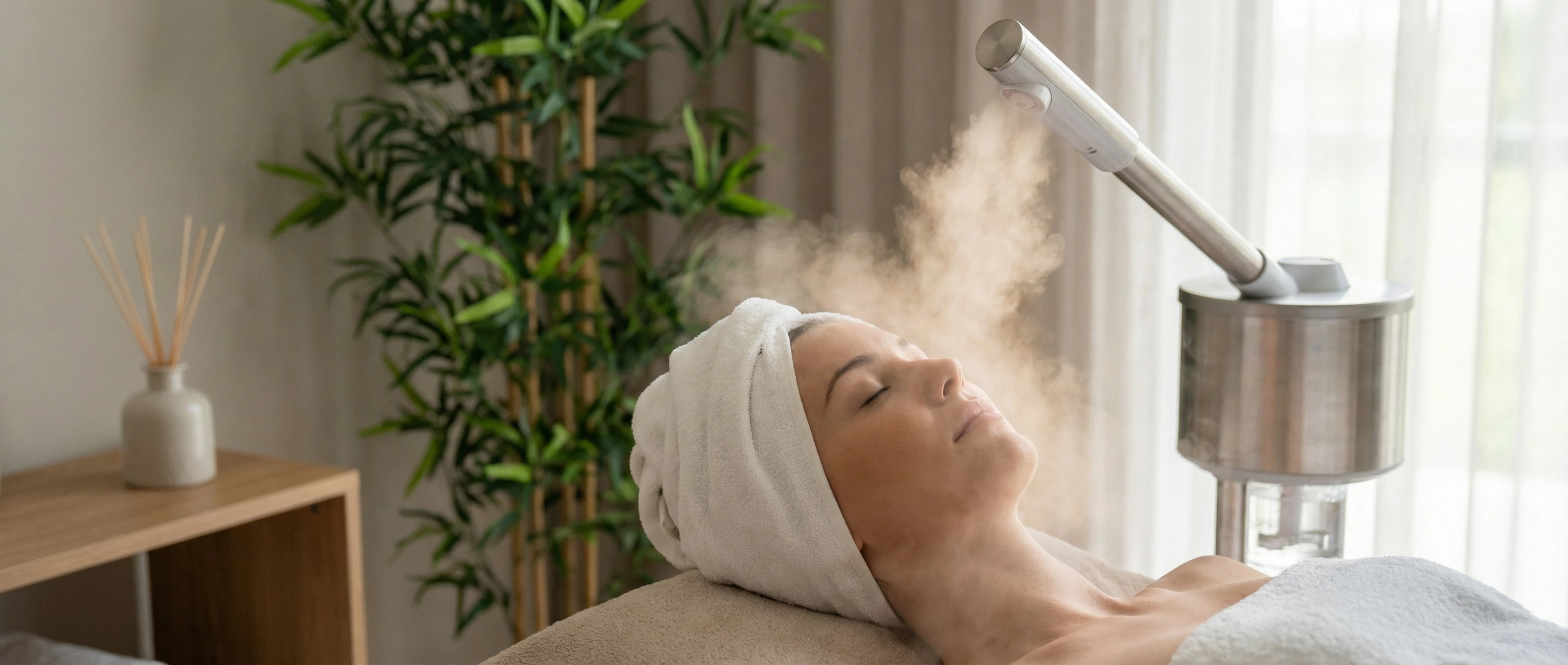 Woman receiving ozone facial steam therapy in a relaxing spa-like clinical setting at NM Stem Cell