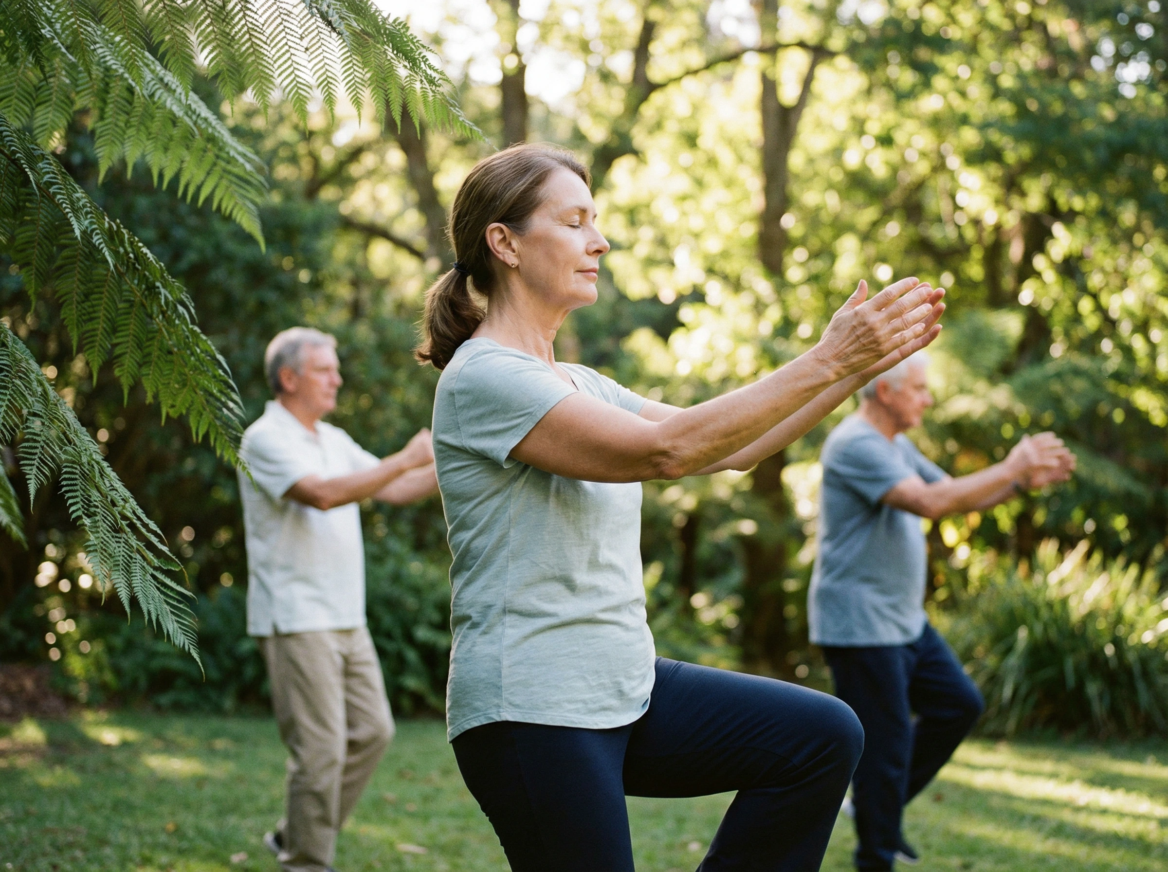 People practicing tai chi outdoors in a peaceful garden setting, representing the holistic wellness benefits of ozone therapy