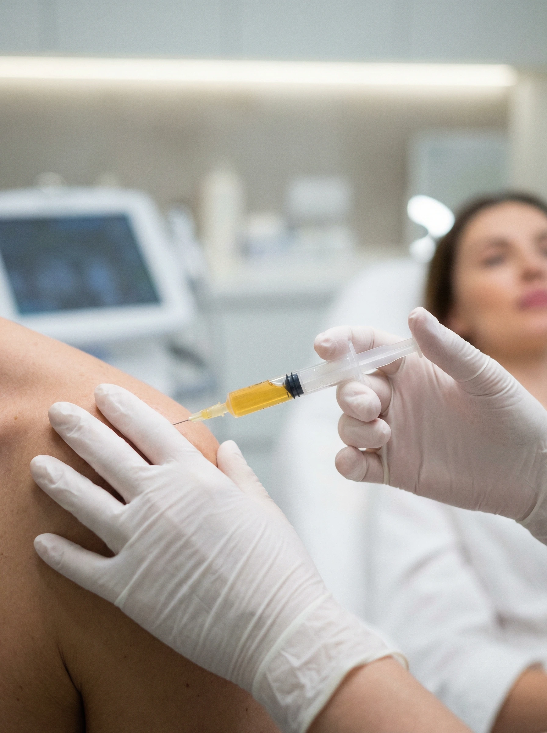 Close-up of PRP injection with golden platelet-rich plasma being administered to a patient's shoulder at NM Stem Cell