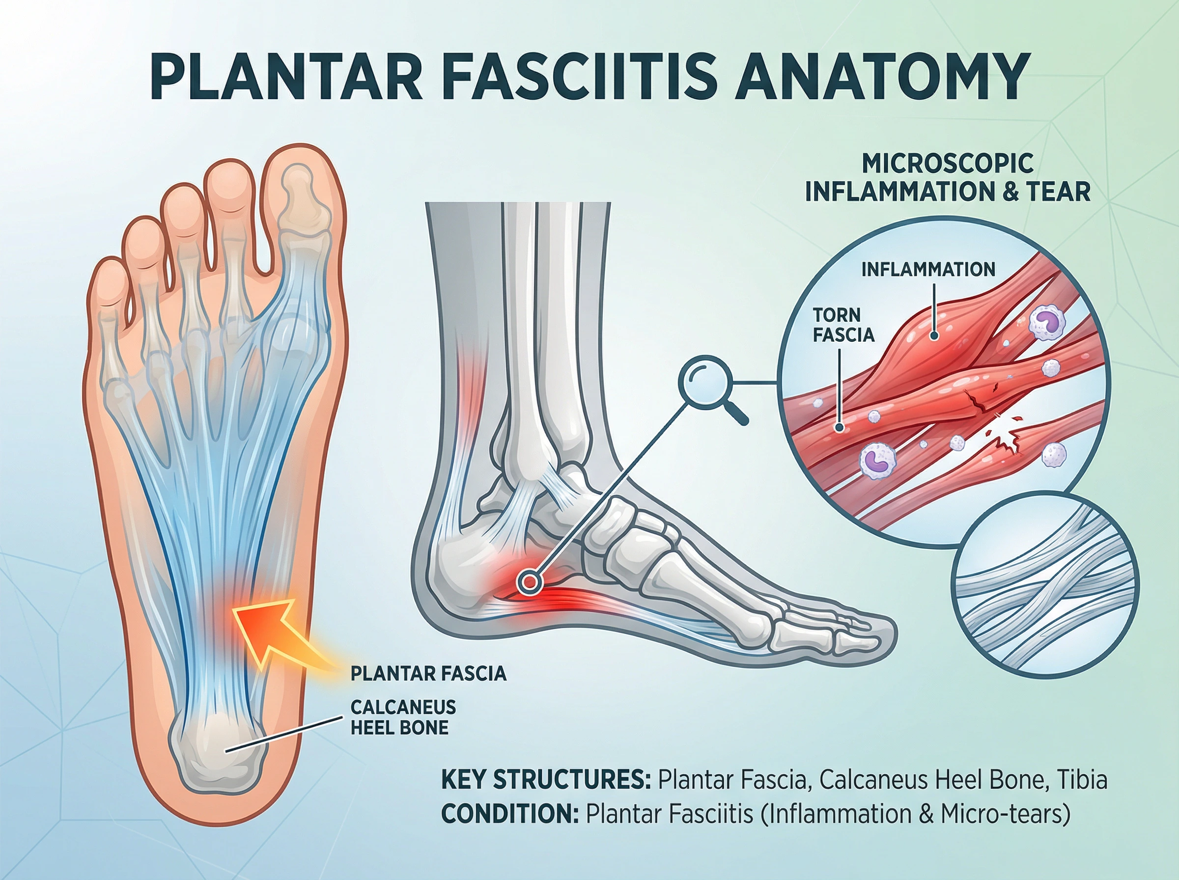 Medical illustration of plantar fasciitis anatomy showing the plantar fascia, calcaneus heel bone, and microscopic view of inflammation and torn fascia