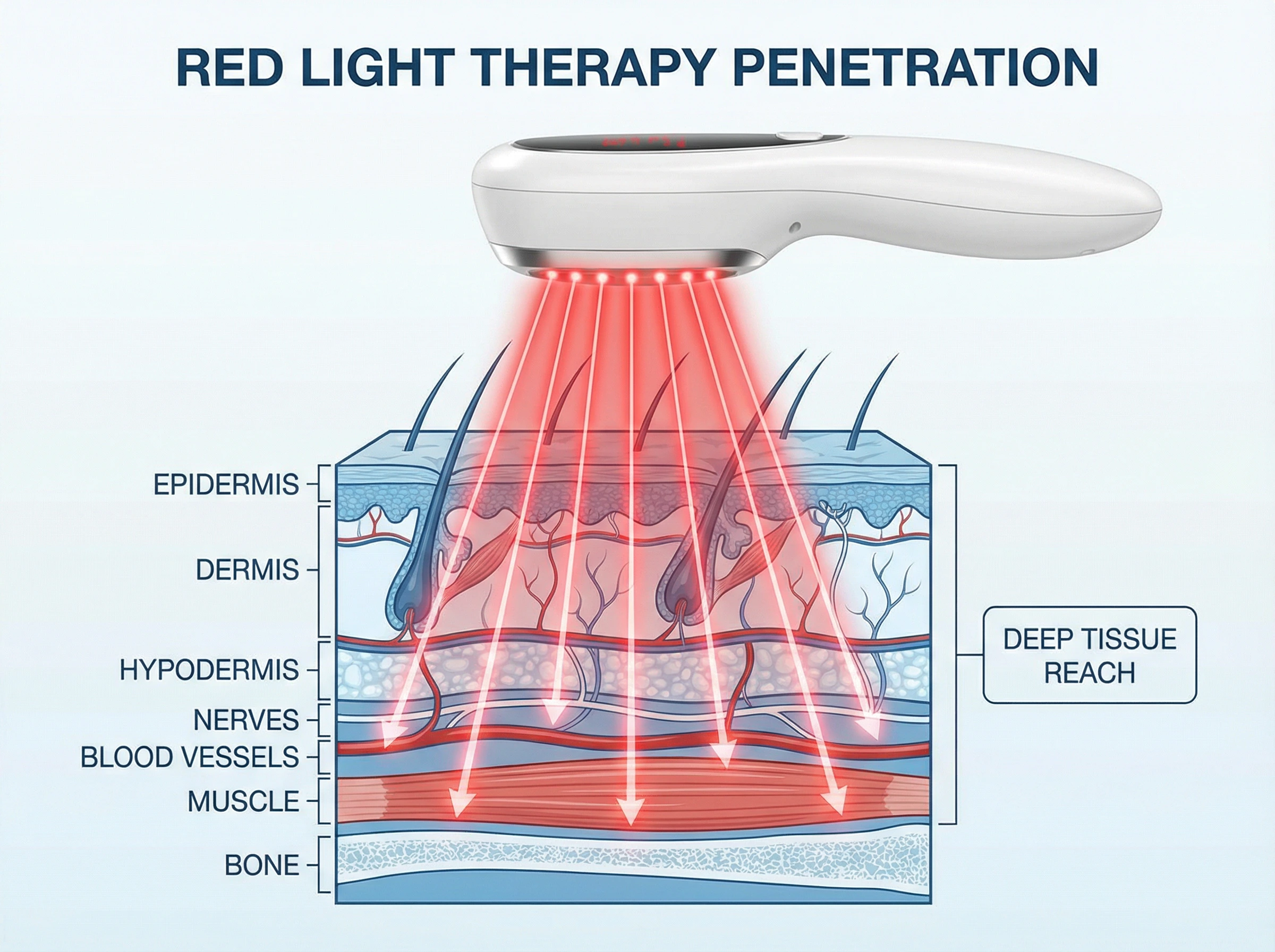 Red light therapy anatomy diagram showing how light penetrates through tissue layers for deep healing