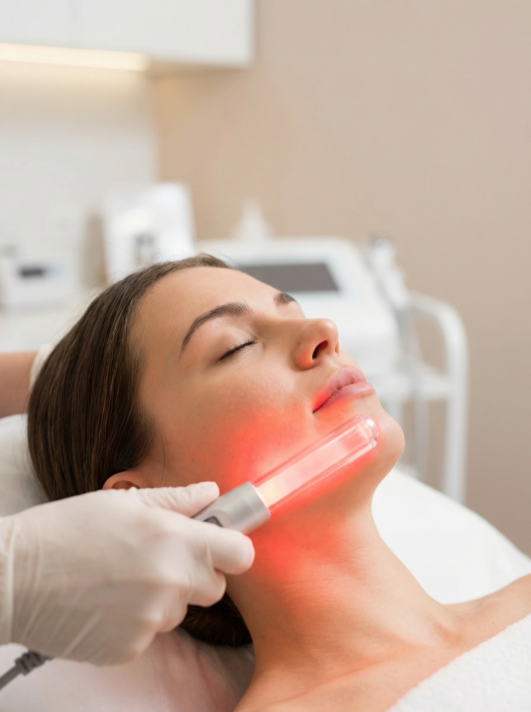 Red light therapy device being applied for pain relief at NM Stem Cell clinic