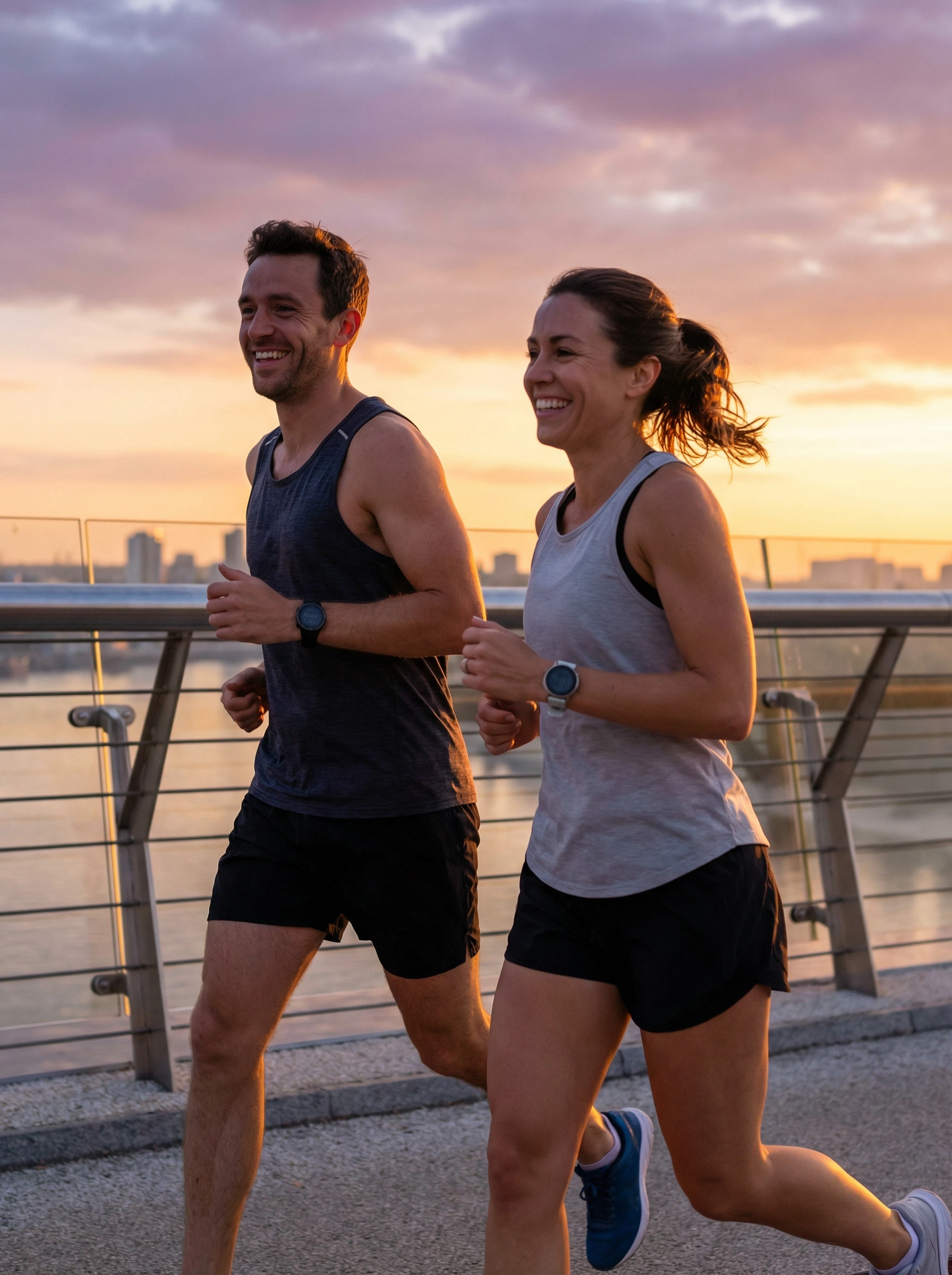 Young couple jogging together at sunset along a waterfront promenade after shockwave therapy restored their mobility