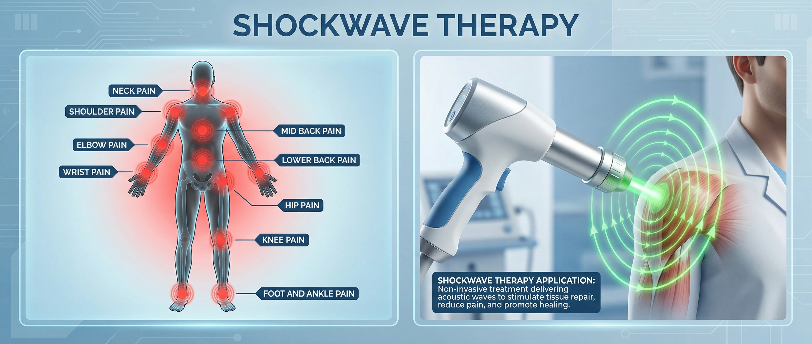 Shockwave therapy body map showing treatment areas including neck pain, shoulder pain, elbow pain, wrist pain, mid and lower back pain, hip pain, knee pain, and foot and ankle pain