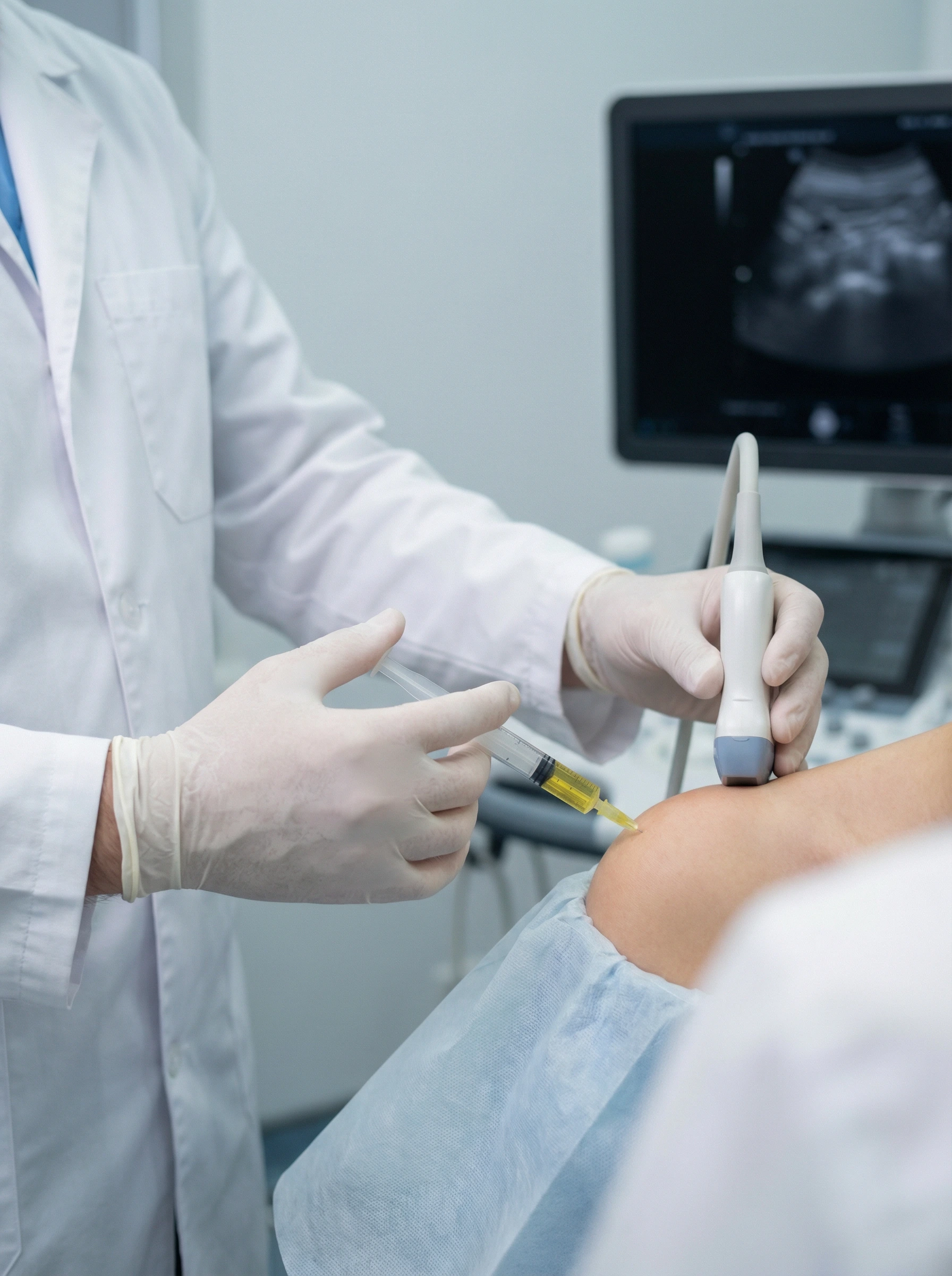 Doctor performing ultrasound-guided injection into a patient's shoulder with imaging monitor visible