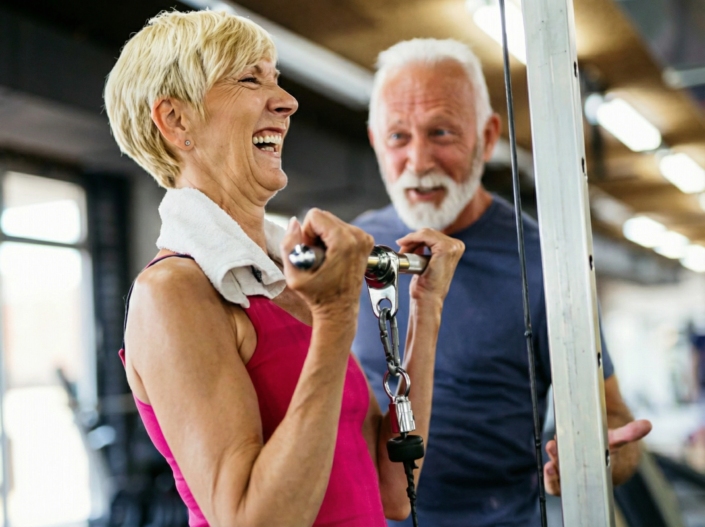 Active senior couple exercising together at the gym after regenerative MSC therapy