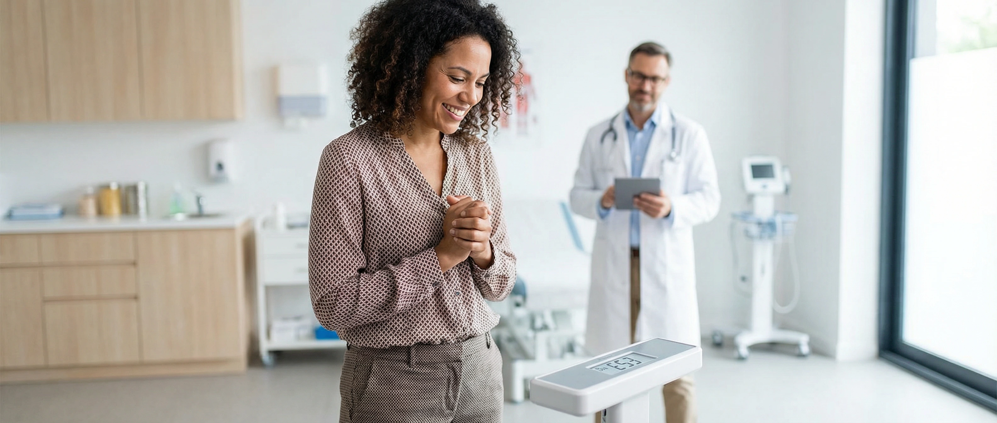 Woman smiling while checking her weight on a medical scale with doctor reviewing results on tablet in background
