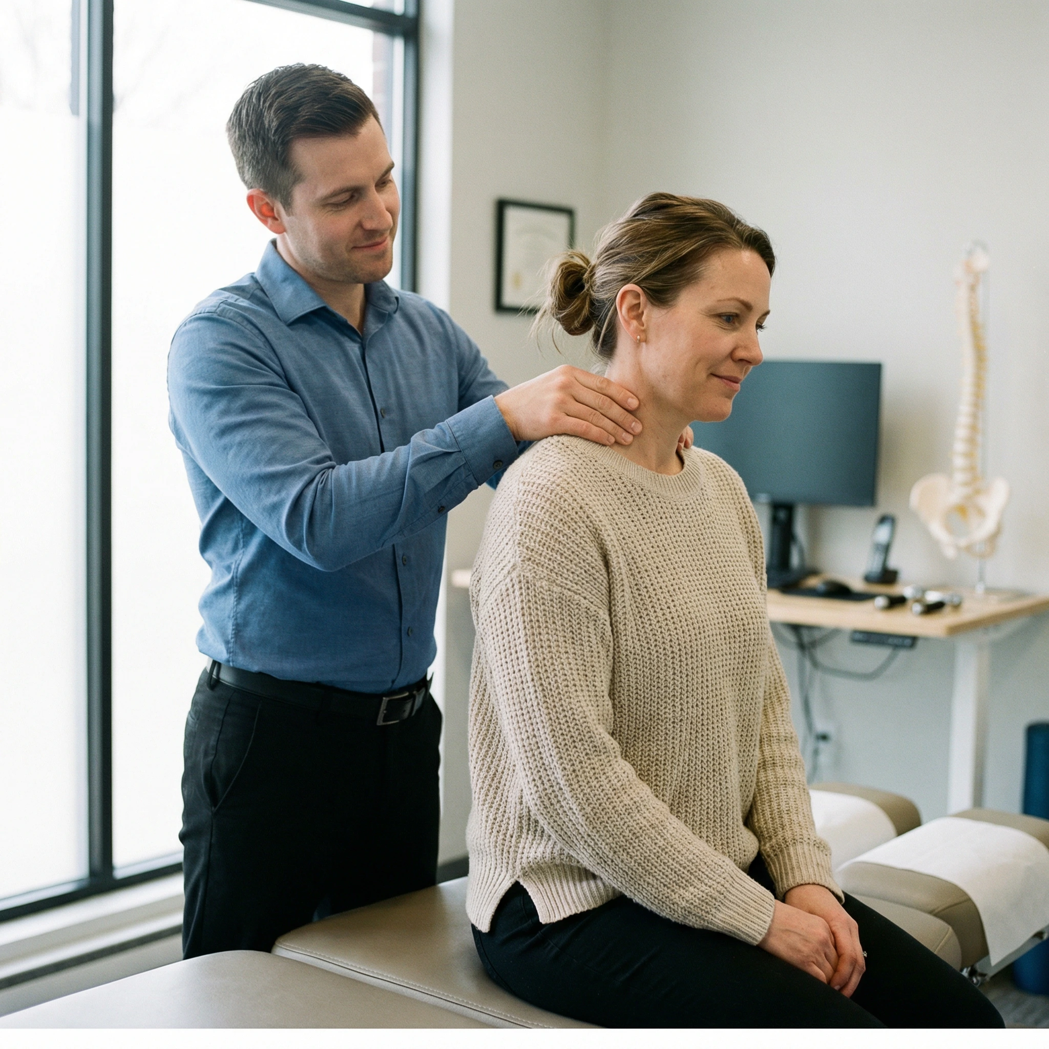 Chiropractor treating patient with neck pain